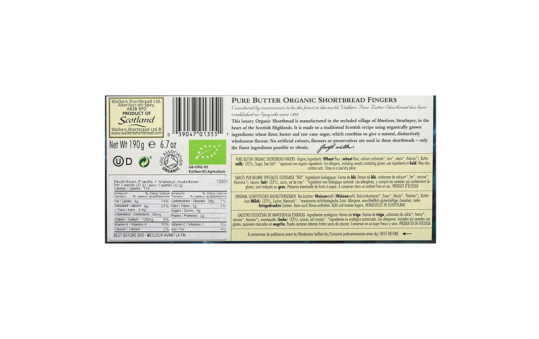 Walker's Organic Shortbread Fingers    Box  190 grams